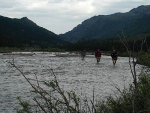 <b>Fording The Teklanika River</b><br> After three difficult days on the trails, we made this final ford of the Teklanika River and returned to the Denali Park Road to flag down a bus.