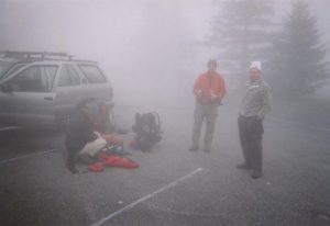 <b>A Foggy Start: Roan Mountain Parking Area</b><br> It was a wet and foggy morning as we hit the trailhead at Roan Mountain.