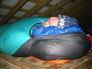 <b>Zero Degree Sleeping Bag</b><br> Dave looks pretty happy in his zero degree sleeping bag on this night in the Mount LeConte shelter.