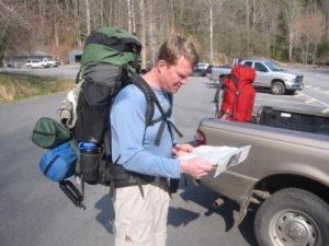 <b>Checking The Map</b><br> Here we are at the Jacob Fork Parking Area before we hit the trail around 4pm on Friday.