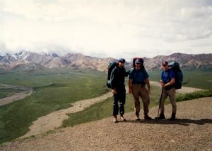 <b>Group Photo At Polychrome Pass</b><br> Left to Right: Slawdog, The Iceman, BirdShooter. This is the view from Polychrome Pass with the Toklat River in the background.