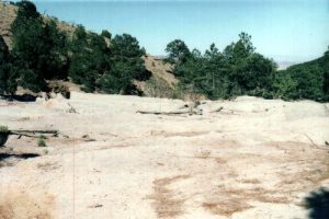 <b>Mining Remains</b><br> The light colored dirt is not actually dirt. It is mostly cyanide left over from the minign operation conducted here. Note the lack of vegetation in the cyanide contamination area. This is the ghost town of Rosedale.