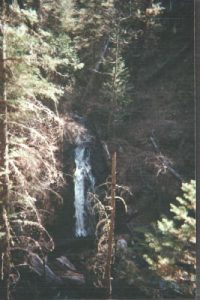 <b>Waterfall from Spring</b><br> This spring has enough flow to make a decent waterfall. No fish, however, because of cyanide contamination.