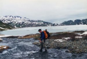 <b>Crossing the outflow</b><br> Here I am crossing the outflow of Lost Lake to check out potential tent sites.