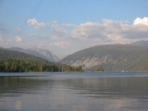 <b>Edison Lake Looking East</b><br> The "V" shaped valley in the distance is the Mono Creek Trail which leads to the Pacific Crest and John Muir Trails. The boat shuttle will take us there in the morning.