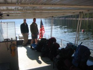 <b>Loading Packs On The Vermillion Valley Ranch Boat Shuttle</b><br> The boat shuttle leaves promptly at 9am for the other end of the lake. It was packed on this Friday morning with about twenty day hikers, fisherman, and backpackers.