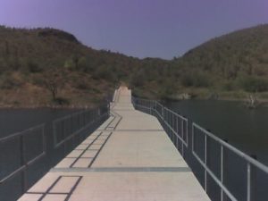 <b>The Floating Bridge</b><br> This is the floating bridge which traverses an arm of Lake Pleasant. I saw a few bass and a large turtle in this area during the hike.