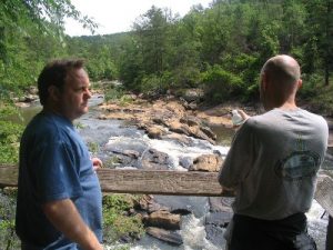 <b>Sweetwater Falls</b><br> Cardiac and Norway at a platform for Sweetwater Falls along the Red Trail.