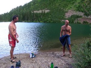 <b>No Name Lake</b><br> This picture was taken at No Name Lake, the site of our first backcountry campground. Sasquatch One and Sasquatch Two go for a frigid dip.