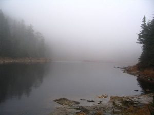 <b>Gentian Pond</b><br> The winds and fog were blowing strong across the ridgeline when we reached the Gentian Pond and shelter.