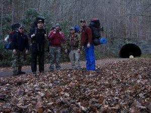 <b>Forney Creek Trail head</b><br> Group with Tunnel to nowhere in the background