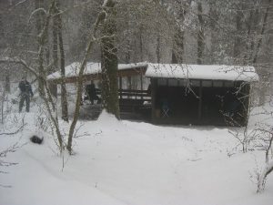 <b>Rock Gap Shelter</b><br> We rolled in to the shelter around 2:30pm and didn't expect to see anyone tonight given the grim road conditions. Suprisingly two women and three dogs rolled in just before dark having hiked 12 miles on the Appalachian Trail in snow and ice.