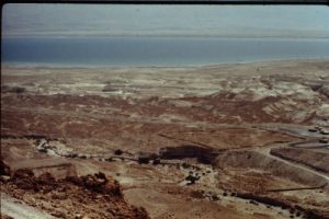 <b>Dead Sea From the Snake Path</b><br> View from the lower reaches of the Snake Path, notice the Roman fort on the far side of the wadi adjacent to the parking lot.
