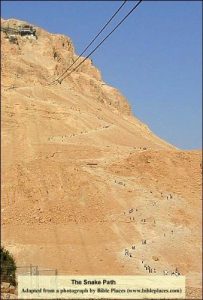 <b>Masada's Snake Path</b><br> View from the wadi below Masada. The cables overhead are for the aerial tramway used by most tourists.