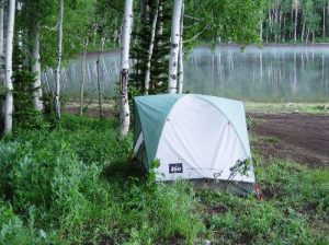 <b>Campsite at Forest Lake</b><br> After a rainy night, mist rises off the lake. 7/10/10