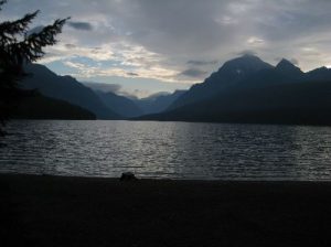 <b>Foot of Bowman Lake</b><br> Dawn at the trailhead at the foot of Bowman Lake. 7/28/2010