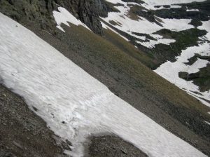 <b>Snow on the Trail</b><br> Snow on the trail on the westwall of the Hole-in-the-Wall cirque. 7/29/2010