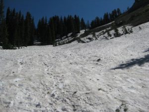 <b>Snowfield on East Side of the Mountain</b><br> I glissaded from the up in those trees in the background all the way down to this point. Made a course correction after taking this picture, then I glissaded the rest of the way down to some visible trail.