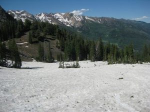 <b>Visible Trail</b><br> After navigating by map and compass for a few hours, that bit of dry tail down below was welcome sight. It turned out there was quite a bit more snow to cross, but I was done with the map and compass thing.